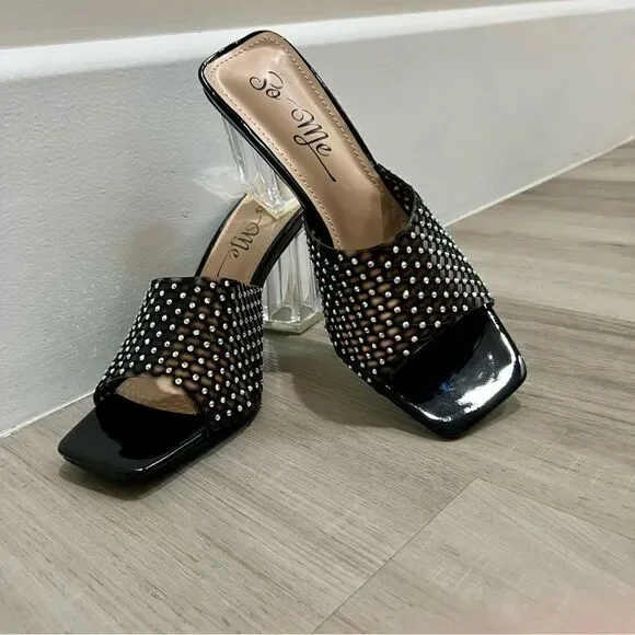 So me rhinestone black netted mule heels with clear chunky block heel sz 7 NWT - Picture 7 of 9
